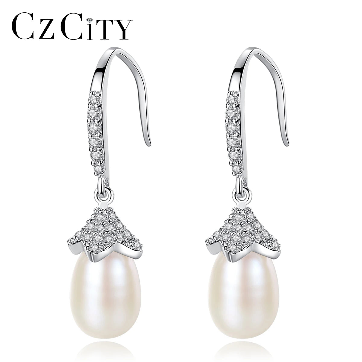 CZCITY Earring Hook Sterling Silver 925 Pearl Freshwater Drop Jewelry Hanging Luxury Stone Earring Woman