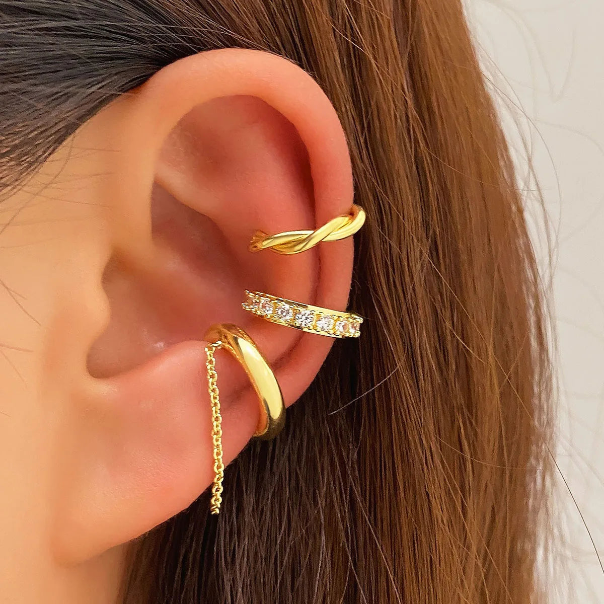 3Pcs/Set Chain Zirconia Twisted Ear Clips for Women Jewelry