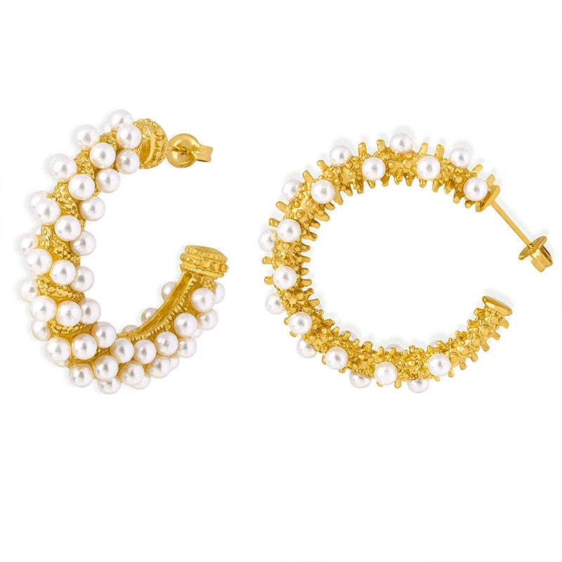 Trendy Waterproof Jewelry 18K Gold Plated Stainless Steel Chunky CC Earring Twisted Pearls Hoop Earrings for Women YF2658