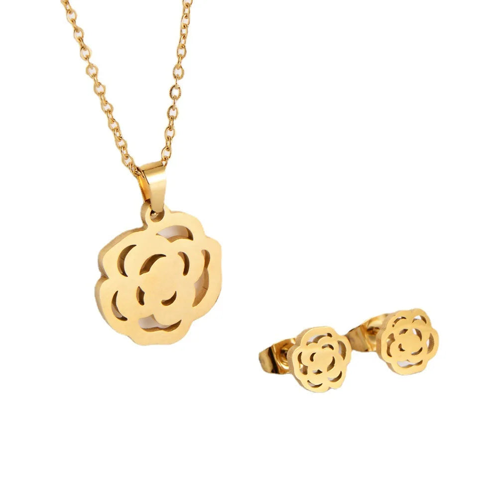 Women's Rotating Stainless Steel Jewelry Set 18K Gold Plated Big Rose Flower Necklace and Earrings for Weddings and Parties