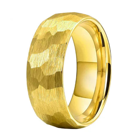 Men Hammer Forging 18k Gold Plated Stainless Steel Nontarnish Finger Rings