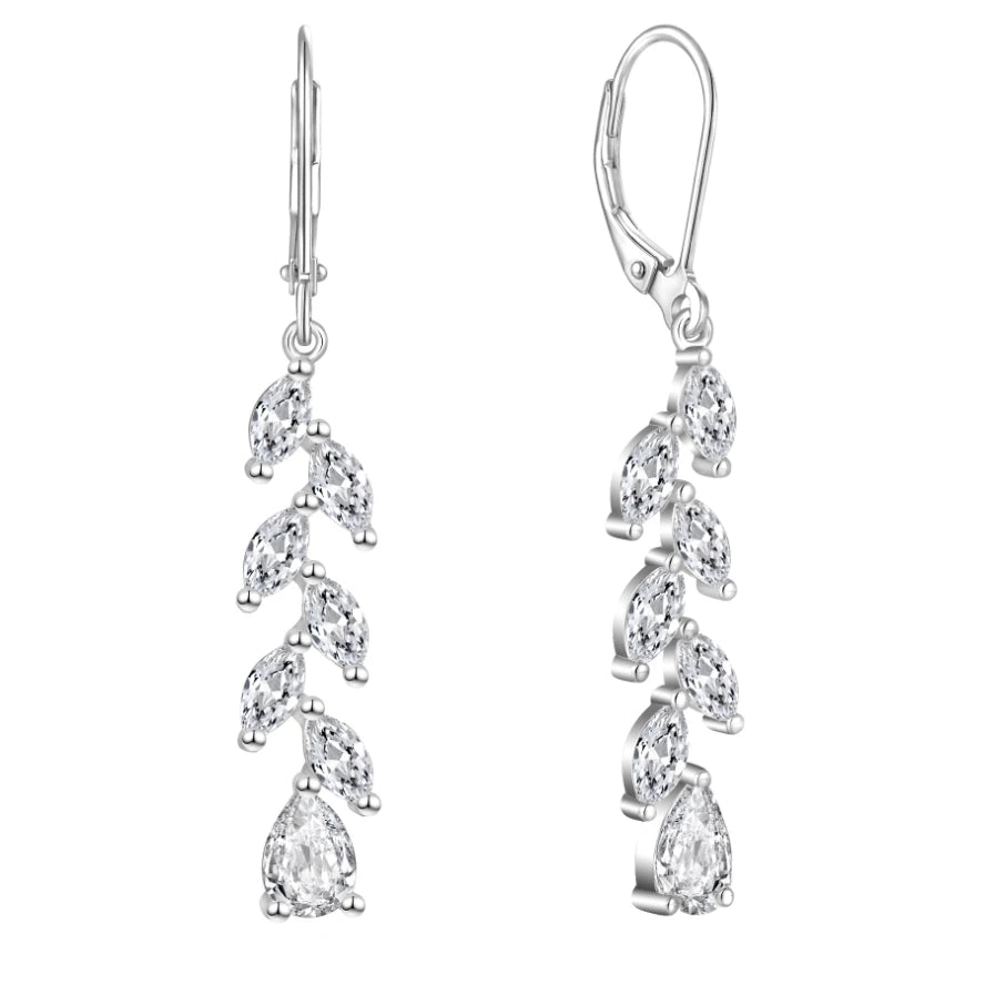 Sparkling Zircon Dangle Earrings Rhodium Plating Leaf Design 925 Silver Women Earrings for Special Occasions