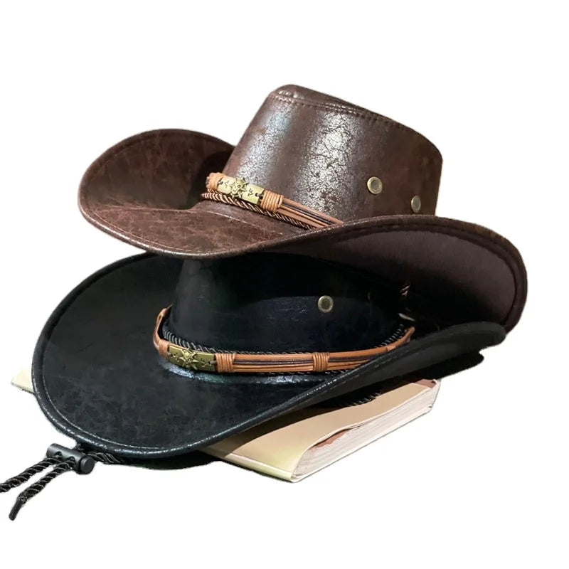 Classic Men's Fashion Leather Cowboy Hat Versatile Western Cattlemen Hat for Casual Sports Travel Parties Outdoor Fishing