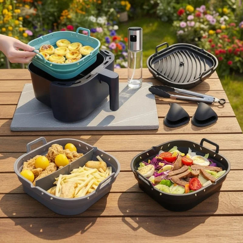 Custom Logo 8.5 9 Inch Square Thicker Reusable Air Fryer Silicone Liners Dishwasher Safe Collapsible Air Fryer Silicone Basket