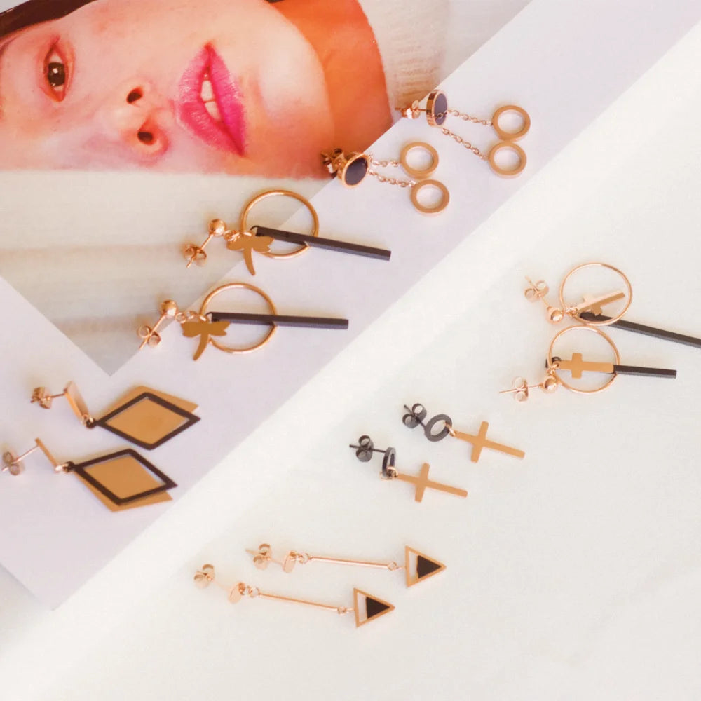 Fashion Fine Jewelry 18k Rose Gold Plated Butterfly Cross Geometric Drop Earrings Ins Style Stainless Steel Earrings for Women