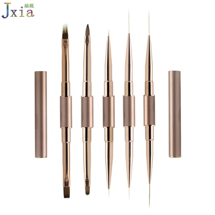 Double Sided Metal Handle Rose Gold Ferrule Nails Art 3D Acrylic Gel Brush 2 in 1 Detailing Liner Brush