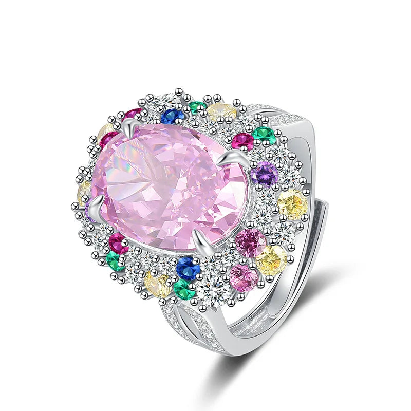 Candy Series S925 Silver Pink High Carbon Diamond Egg-Shaped Open Ring Light Luxury Electroplated Adjustable Design