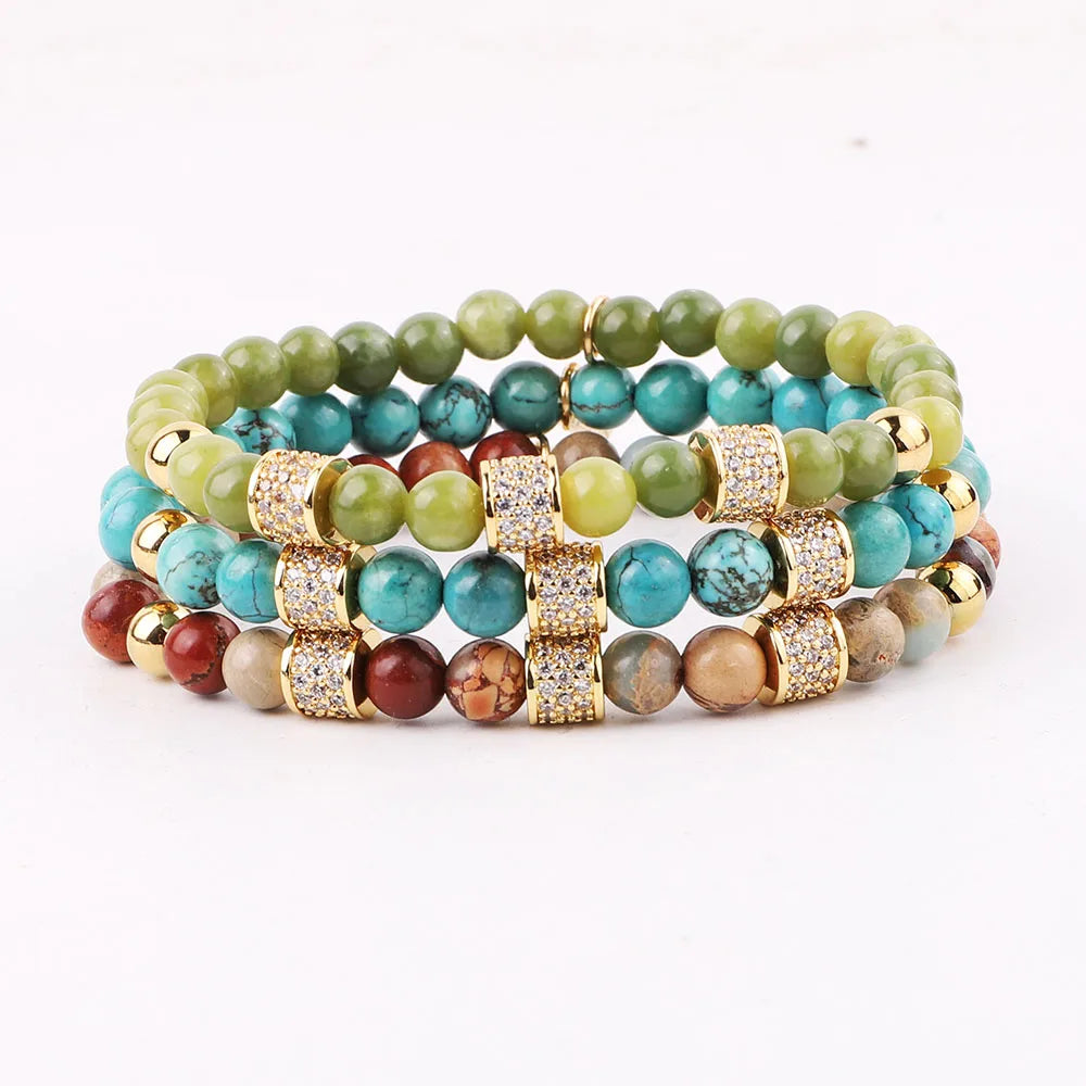 New Unique Design Natural Stone 18K Gold CZ Charm Beads Elastic Bracelet Women JBS12362