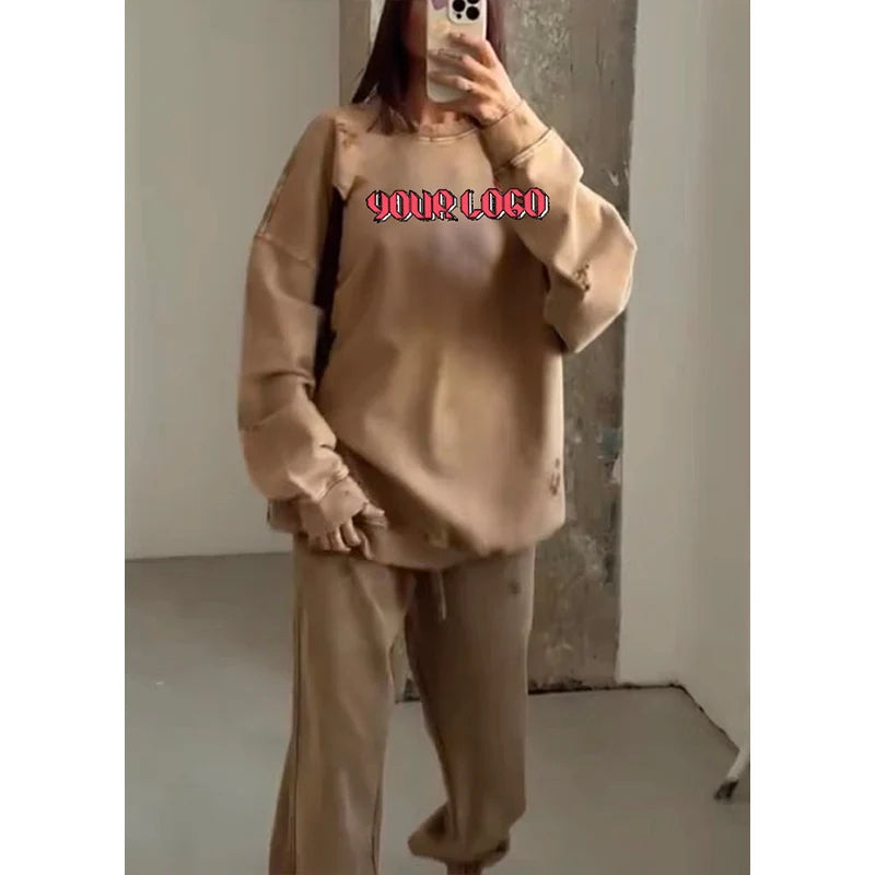 Wholesale Customized Fall Women Clothing Custom logo 100% Cotton Female Clothes 2 Piece Crewneck Sweatshirt and Sweatpants Set