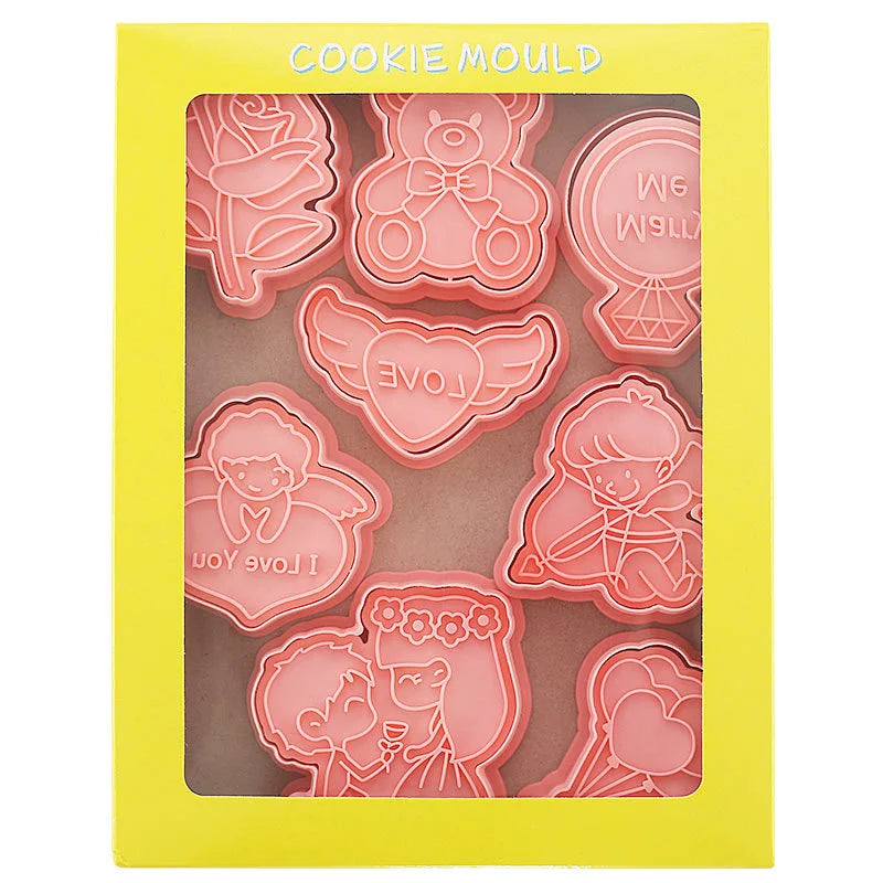 Wedding Cookie Mold Rose Heart Diamond Ring Baking Cake Decorated Tools Valentine's Day 8pcs Set Love Plastic Pressing Cutter