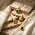 JUSNOVA Waterproof 18K PVD Gold Plated Square Zircon Pendant Necklace Vintage Stainless Steel Jewelry for Women