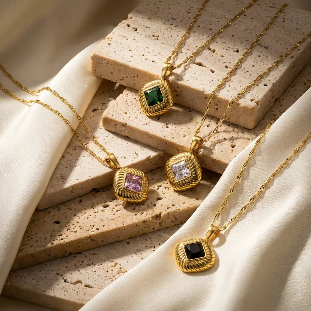 JUSNOVA Waterproof 18K PVD Gold Plated Square Zircon Pendant Necklace Vintage Stainless Steel Jewelry for Women
