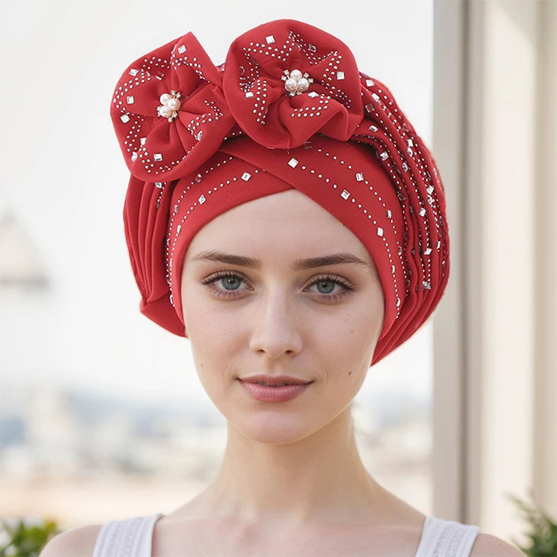 Wholesale Auto Gele Beanie Hat Space Cotton Multi-Layer Ethnic Dinner Hat for Adults Rhinestone Polyester for Outdoor Use