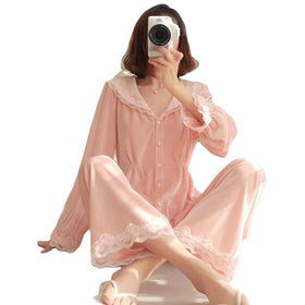 Ready to Ship Lace Edge Winter Long Sleeve Women's Pajamas Velvet Home-wear Set