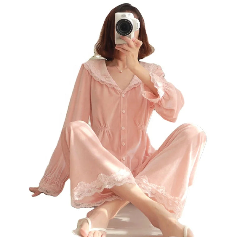 Ready to Ship Lace Edge Winter Long Sleeve Women's Pajamas Velvet Home-wear Set