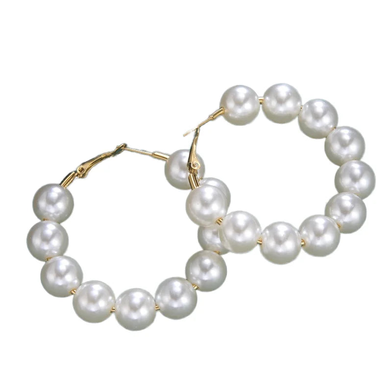 Big White Pearl Stainless Steel Hoop Fashion Acrylic Pearl Crystal Gold Beauty Girl Cheap Earrings