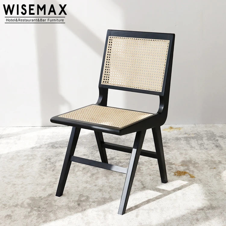 WISEMAX FURNITURE Nordic French Style Designer Wicker Rattan Dining Chair Black Solid Wood Cane Chair Dining Furniture for Home