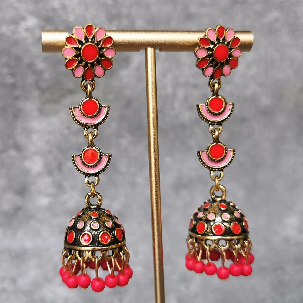 Indian Jewelry Bollywood Antique Gold Plated Beaded Drop Floral Long Jhumka Earrings for Wedding and Gift