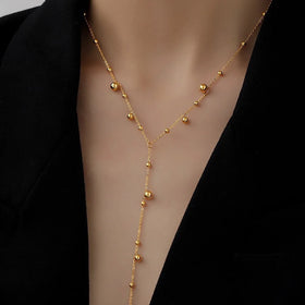 2024 Classic 18K Gold Plated Long Fringe Bead Chain Stainless Steel Round Bead Tassel Necklace for Women