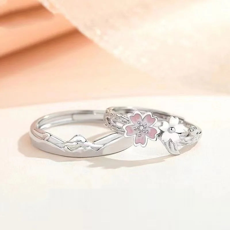 Anillos De Pareja Platinum Plated Cherry Flower Couple Rings for Men Women Wedding Ring Engagement Adjustable Open Couple Ring