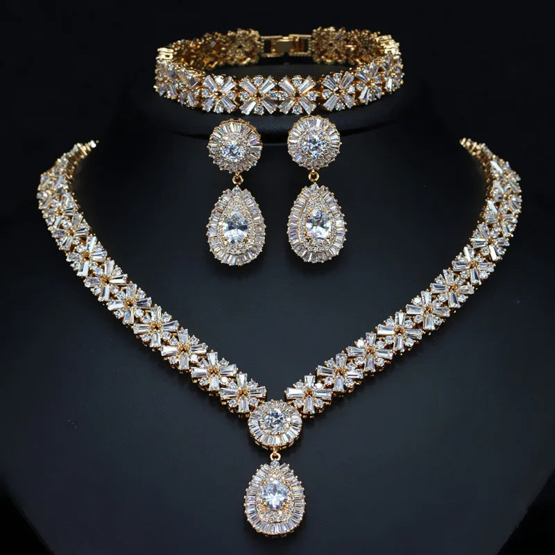 Shiny Luxury Dubai Gold Plated Jewelry Sets Cubic Zircon Big Water Drop Earrings Necklace Bracelet for Ladies Wedding Bridal