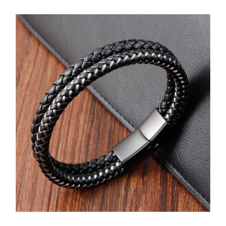 Trendy Men's Vintage Braided Genuine Leather Bracelet with Stainless Steel Magnetic Clasp Hand Jewelry Bangle