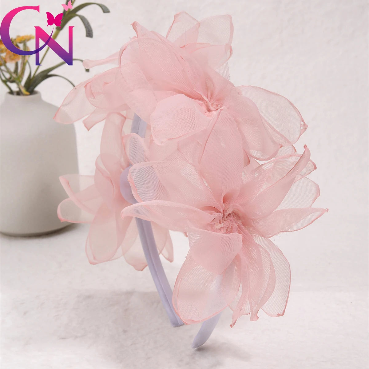 Hot Sale Tulle Hair Accessories Mesh Yarn Pink Flower Headbands for Girls Kids