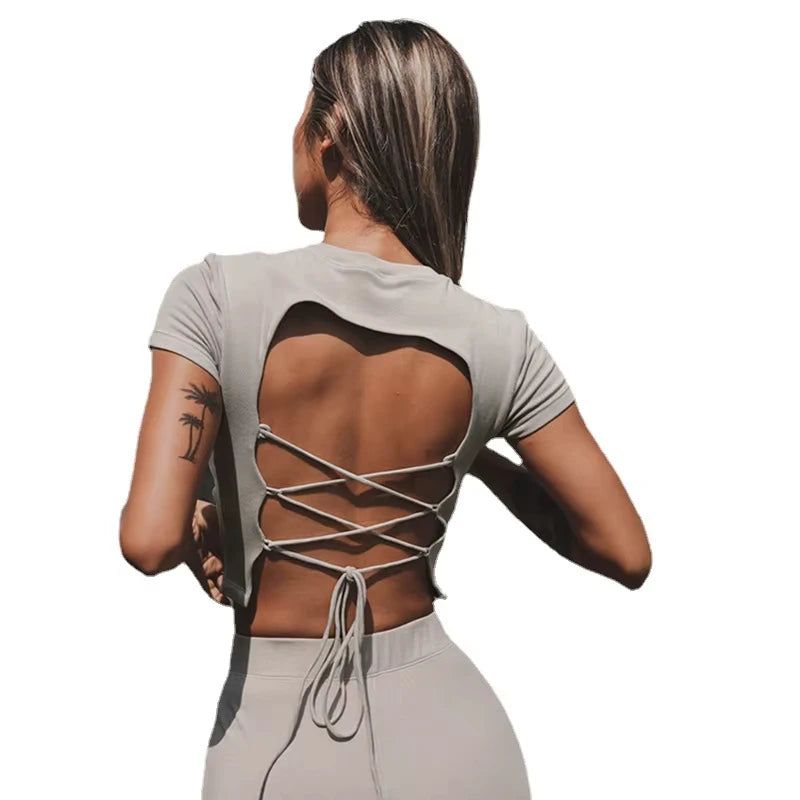 High Quality Fitness Wear Women Custom Athletic Sports Dance Back Tie String T-shirts Yoga