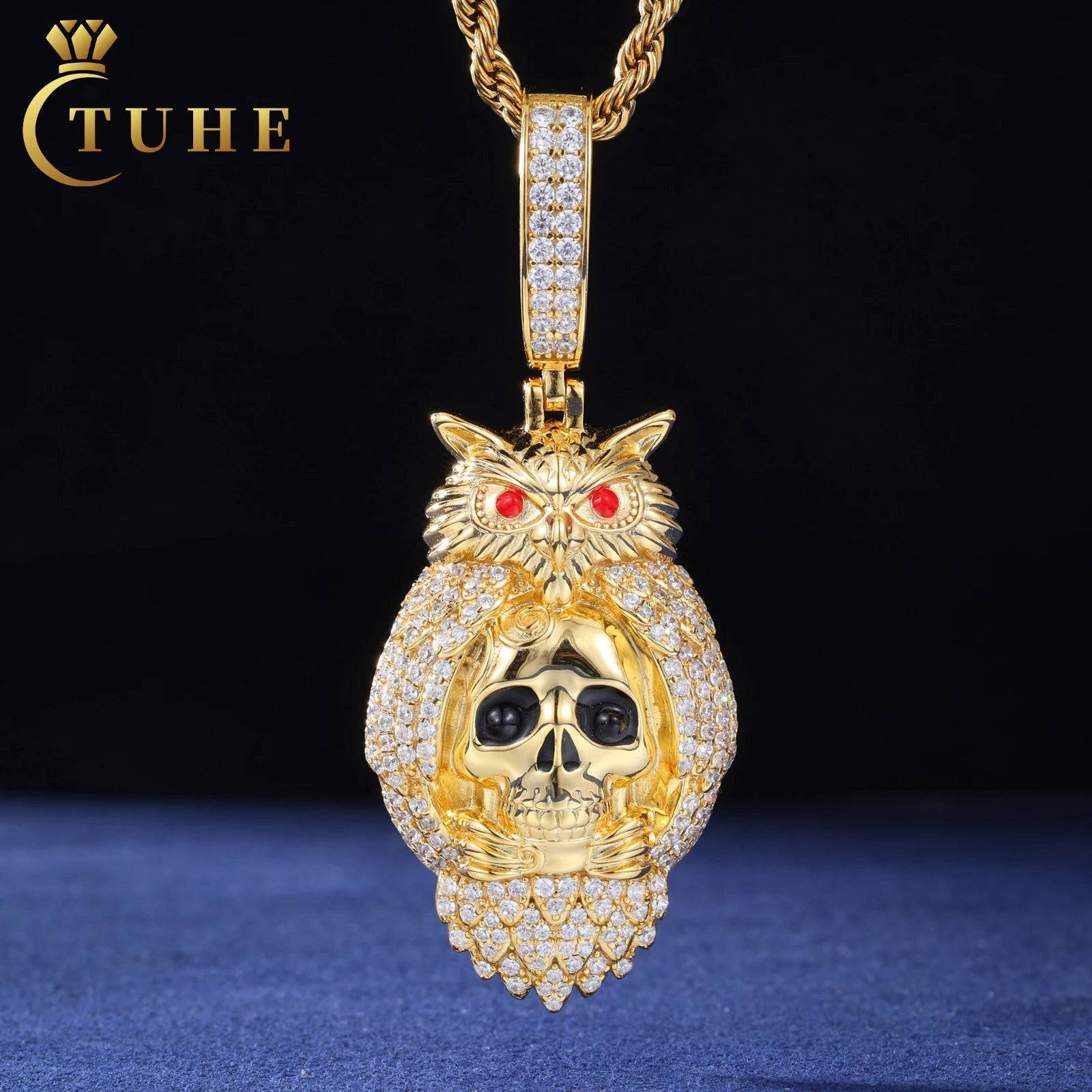 Hip Hop Men Party Jewelry Gold Plated 925 Sterling Silver Paved Moissanite Diamond Iced Out Skeleton Owl Pendant