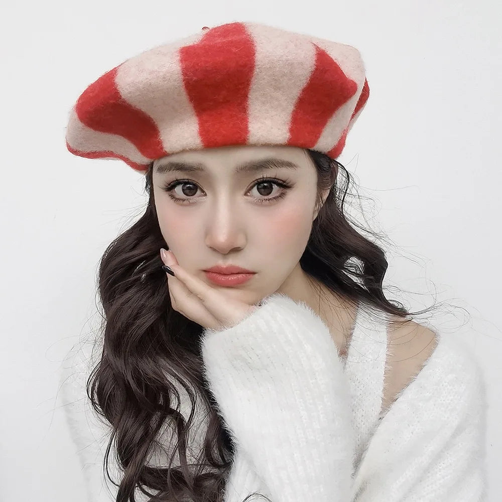 2024 Spring  New Trendy Striped Design Beret Hat 100% Australia Wool Large Beret for Women Autumn Winter Dress