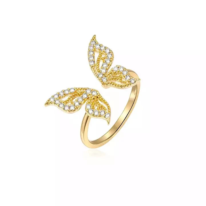 SC New Gold Plated Finger Rings Women Adjustable Opening Rings Creative Trend Jewelry Zircon Butterfly  Rings for Women