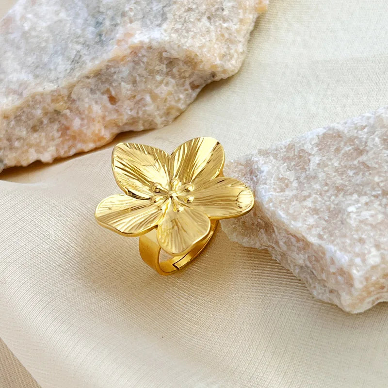 Hot Selling Vintage Luxury Stainless Steel Open Ring Fashion 14k Gold Flower Rings for Women