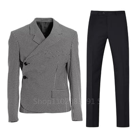 Men's Houndstooth Jacket With Black Trousers Suit Notch Lapel Two Pieces Tuxedos Casual Daily Dinner