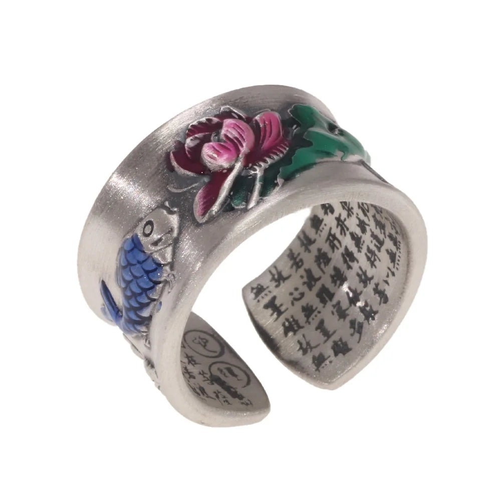 S999 Sterling Silver Lotus Fish Ring for Men and Women Custom Enamel Bluing Sutra Buddha Ring Buddhist Custom Enamel Jewelry