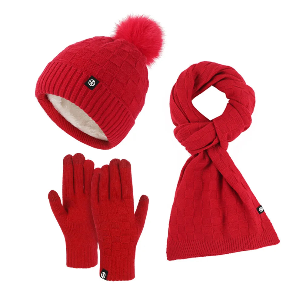 MIO Fashion Outdoor Winter Warm Knit Scarf Touch Screen Gloves Checkered Thicken Knitted Pom Pom Beanie Hat Sets for Women Men