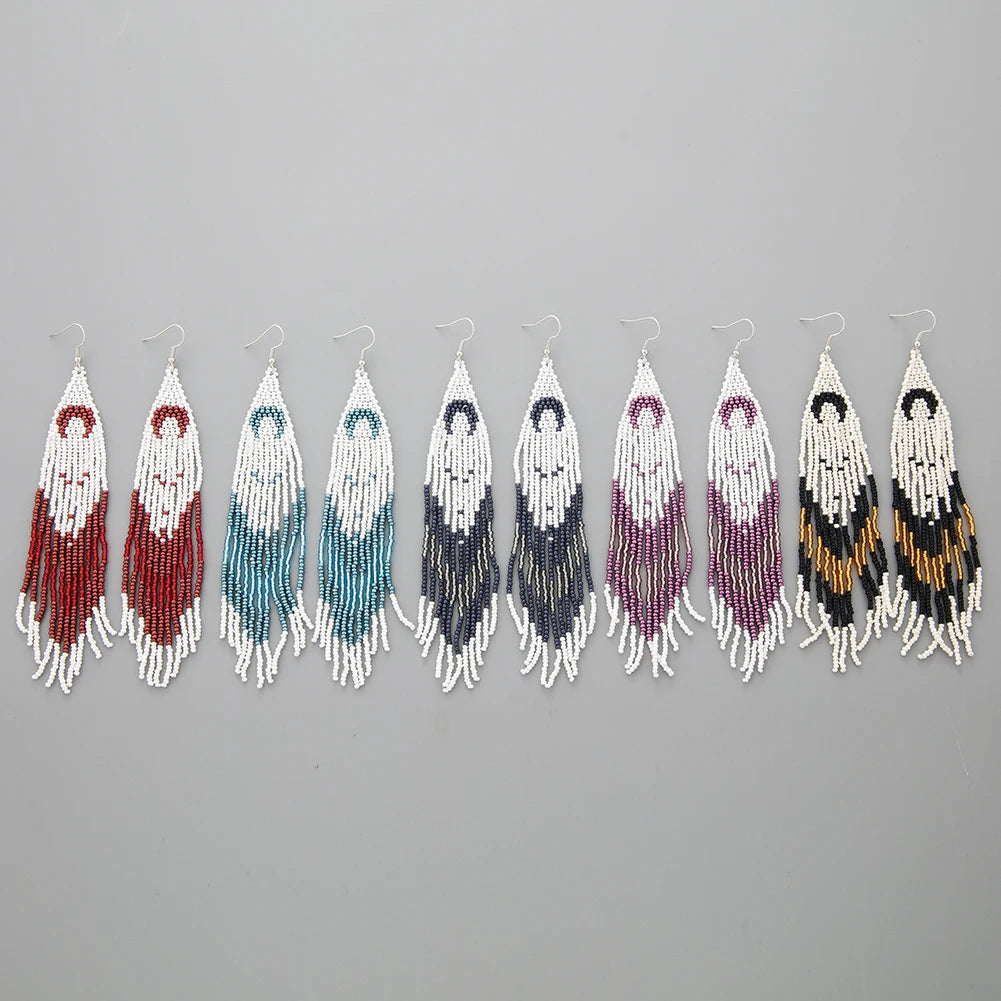 Extra Long Bohemian Multicolor Glass Seed Beads Earrings Trendy Women's Jewelry with Hook Shape Hand-Woven
