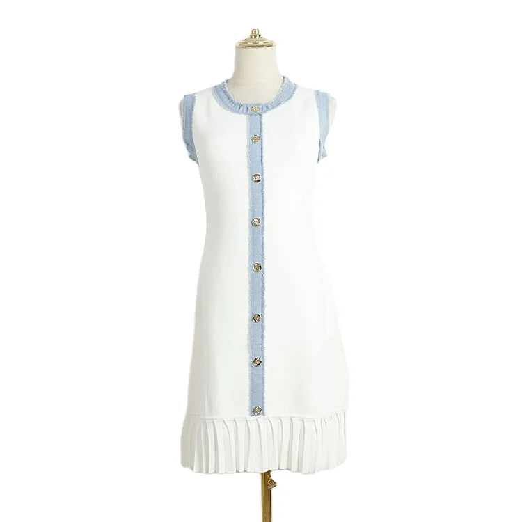 2025 Spring Summer Designed Lady Sleeveless Denim Patchwork Wear Women Single-breasted Short Mini Knitted Slim Fitted Dress