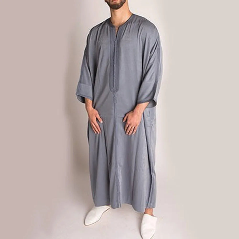 Men Islamic Robe Muslim Kaftan Half Sleeve Solid Color V Neck Vintage Robes Casual Dubai Saudi Arabia Men Jubba Thobe