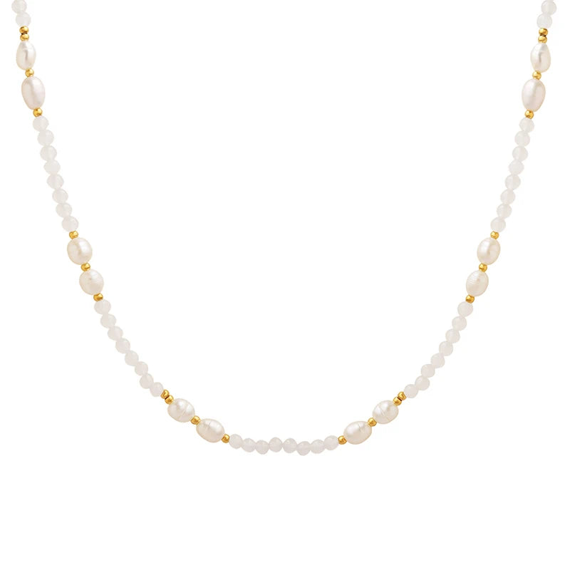 Natural Freshwater Pearl Stone Necklace Stainless Steel with Gold Silver Plating for Wedding Engagement Silver Round Pattern