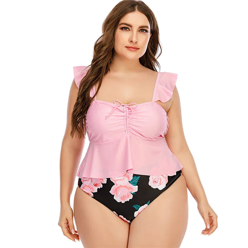 K1400 Two Piece Swimsuits Tummy Control Plus Size Tankini Floral Bikini Custom Pink Color Women Swimwear
