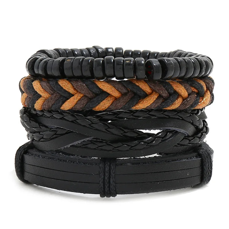 European and American Retro DIY Leather Bracelet with Wood Bead and Wax Thread Woven Men's Fashion Charm Jewelry