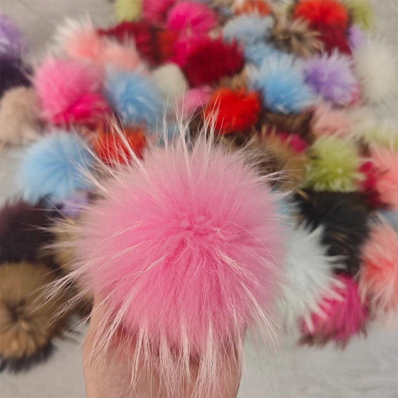 Puff Ball Raccoon Fur Pompom Fluffy Raccoon Fur Ball With Snap for Knitted Hats