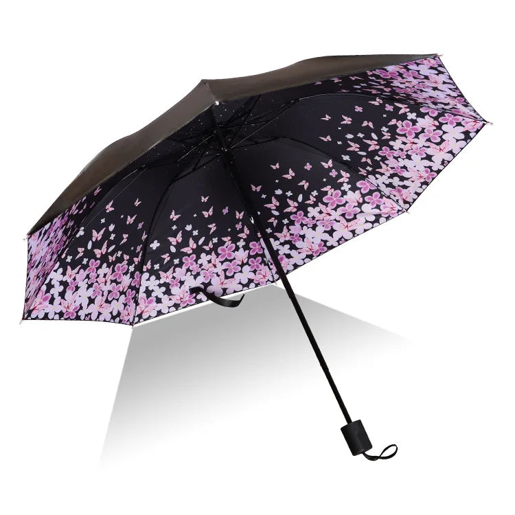 Outdoor Men Rain Woman Windproof Large Paraguas 3D Flower Print Sunny Anti-sun 3 Folding Sun Shade Umbrella Black Coating