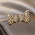 Dainty Gold Plated Rhinestone Butterfly Studs Retro Style Pearl Earrings