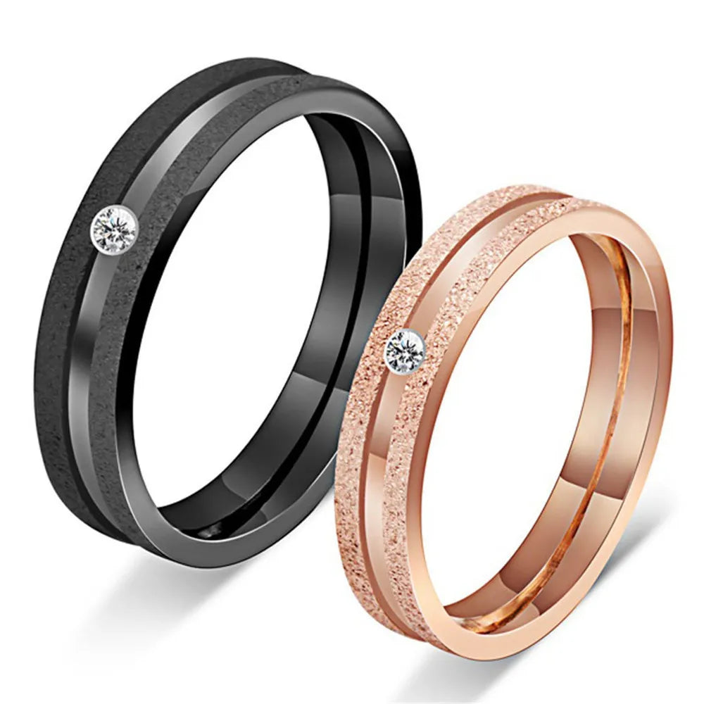 Bulk Fashion Trendy Stainless Steel 18k Gold Plated Matt Zircon Promise Wedding Engagement Rings Couple Ring Set for Lovers