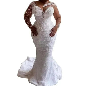 S8243F Luxury Long Sleeve Wedding African Mermaid With Detachable Train Plus Size Lace Applique Crystals Beaded Bridal Dres