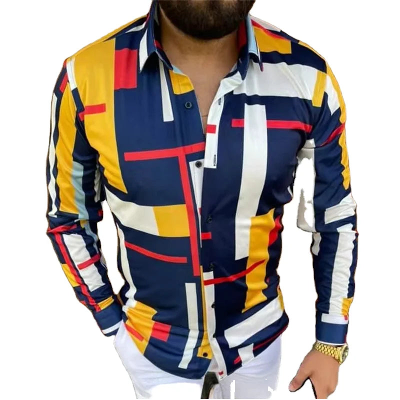 2025 New Men's Fashion Long-sleeved Printed Shirt Polyester Lapel Casual Shirt for Men