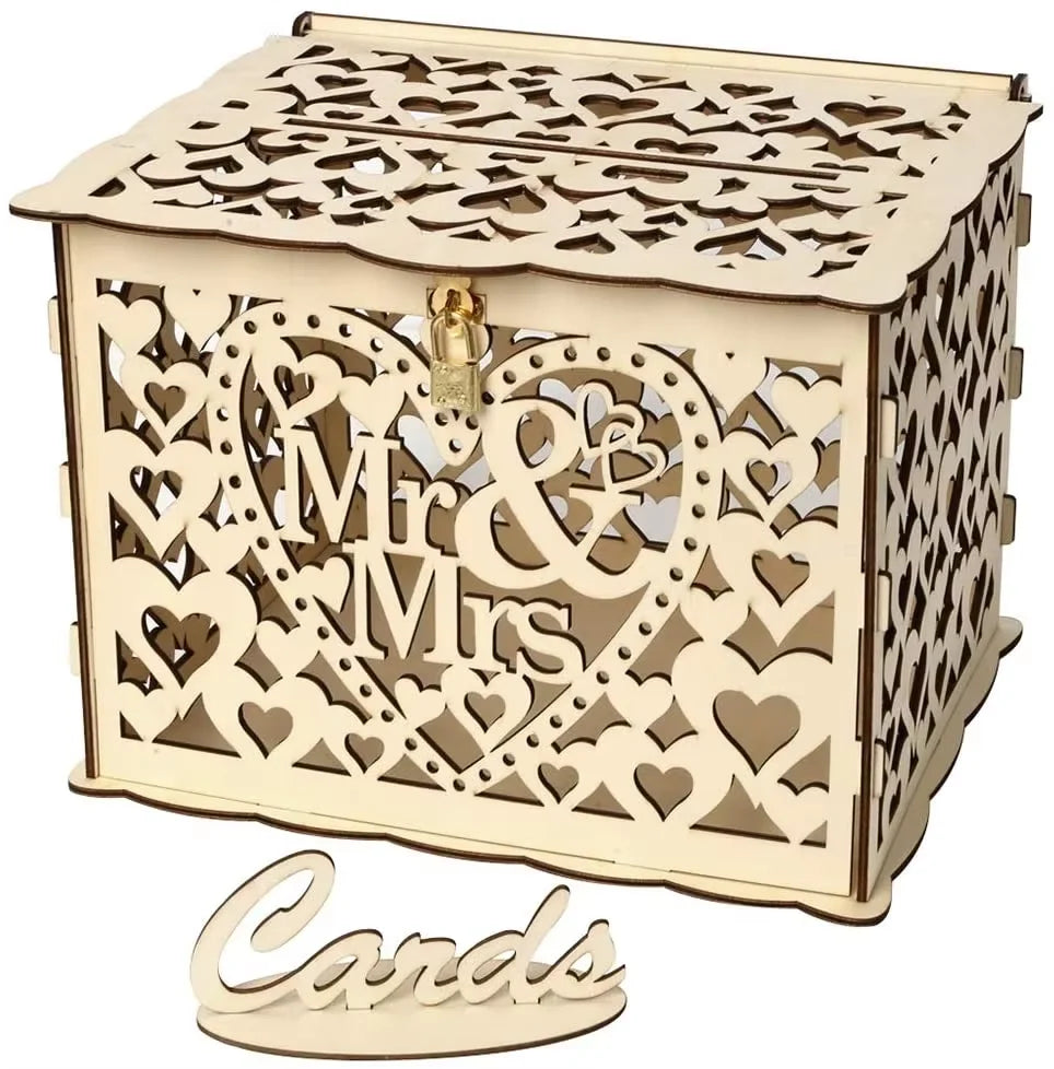 TaiLai Rustic Mr & Mrs Wooden Wedding Card Box with Lock - Hollow Laser Cut Heart Decor Card Holder for Wedding Reception