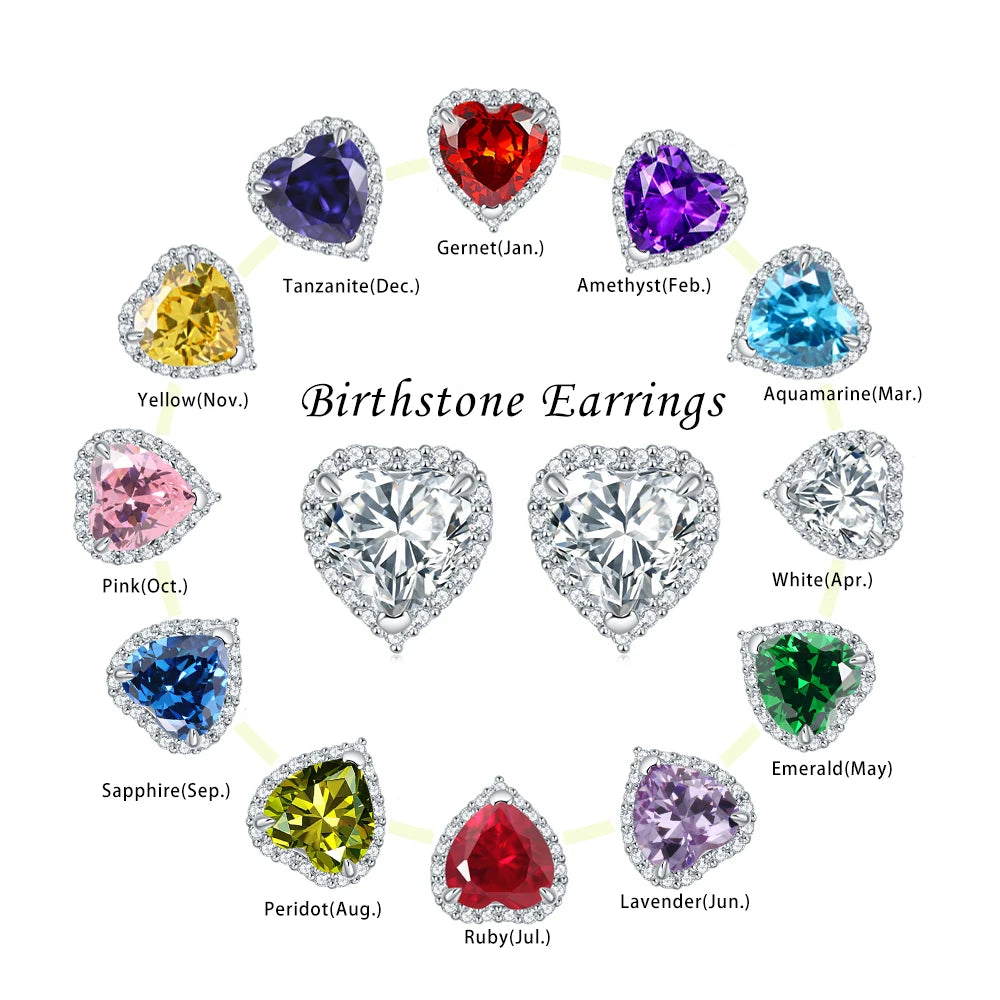 Halo Earrings Jewelry Heart Shaped Colorful Birthstone Zirconia Rhodium Plated 925 Sterling Silver Earring Studs
