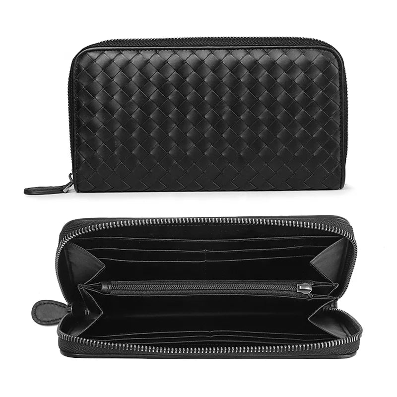 New Luxury Fashion RFID Genuine Leather Ladies Card Holder Wallets Minimalist Purse Custom Zipper Woven Wallet Women